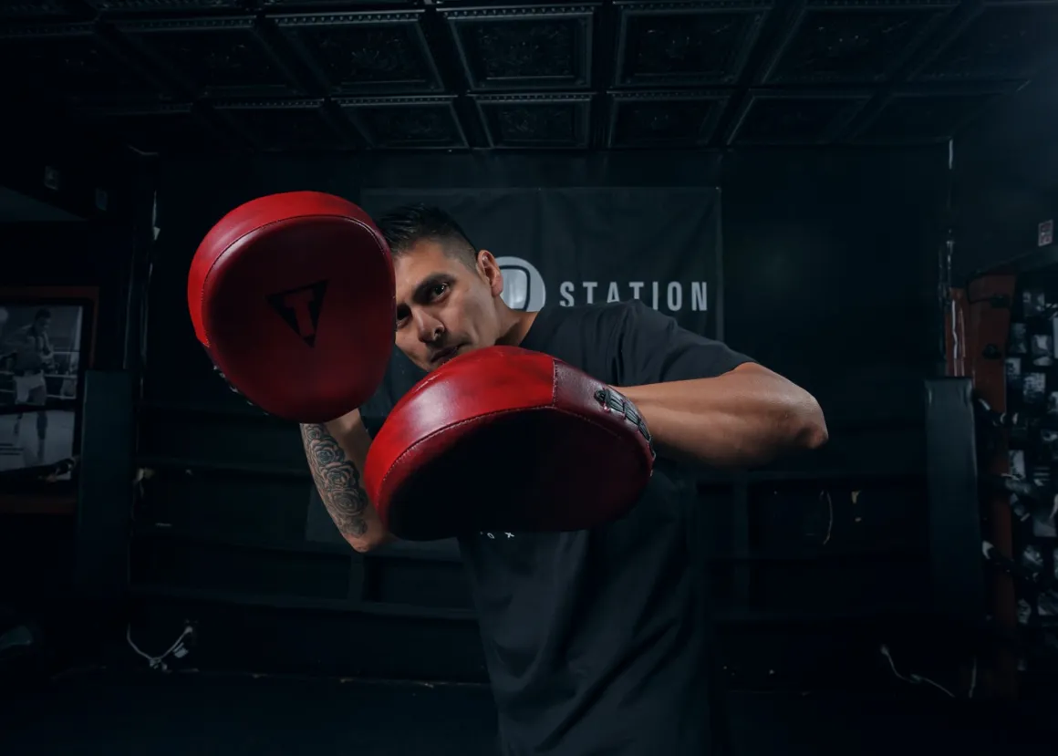 TITLE Boxing Blood Red Leather Punch Mitts