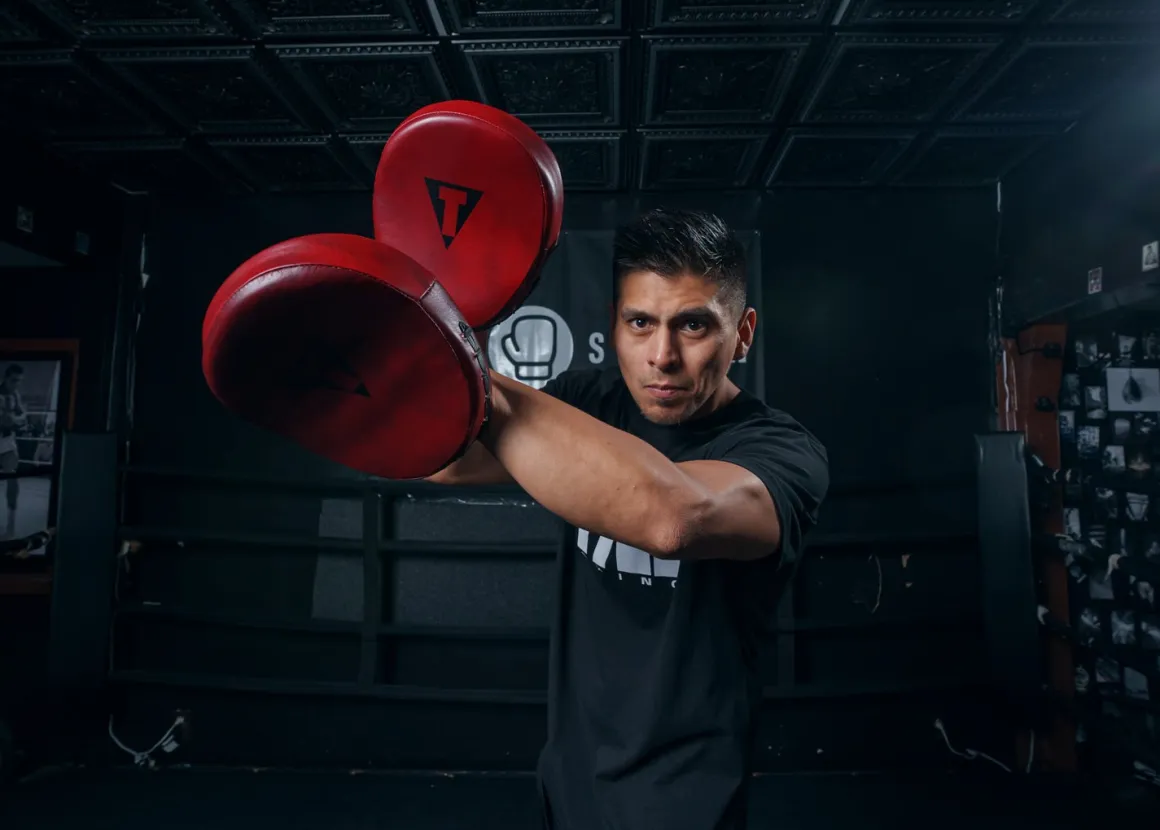 TITLE Boxing Blood Red Leather Punch Mitts